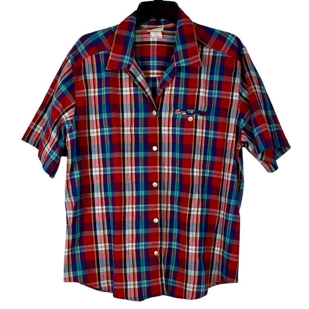 Koret City Blues Madras Plaid Short-Sleeve Button Down Shirt Large